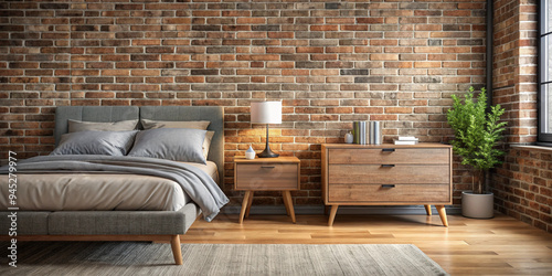 A modern bedroom with a brick accent wall, featuring a wooden drawer nightstand next to a bed with a grey fabric headboard. Warm and industrial vibes with soft lighting