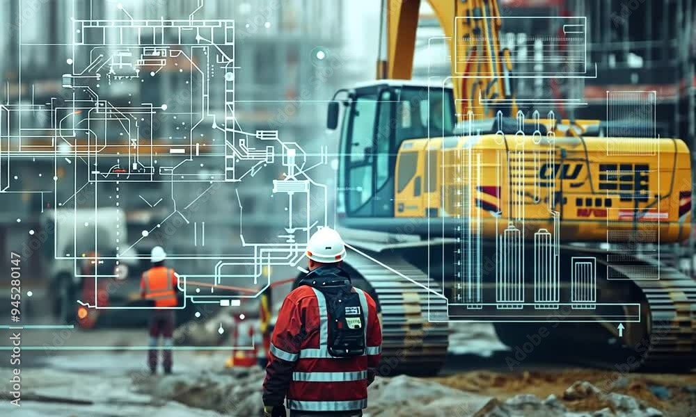 A construction worker observes the bustling site, where heavy machinery operates amidst a backdrop of evolving architectural designs. The atmosphere buzzes with innovation and teamwork A construction worker observes the bustling site, where heavy machinery operates amidst a backdrop of evolving architectural designs. The atmosphere buzzes with innovation and teamwork