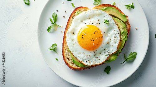 Fried egg and avocado toast on a white plate in food photography concept. Breakfast meal idea, healthy food.