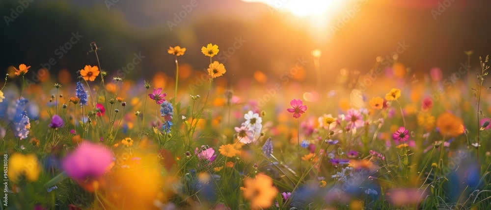 Blooming Wildflowers in a Sunlit Meadow - Serene Nature Background Blooming Wildflowers in a Sunlit Meadow - Serene Nature Background