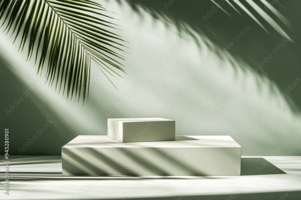 Presentation of a cosmetic product on a minimalist abstract background. Large podium with a shadow of tropical palm leaves on a pastel green wall. Showcase, display case. Presentation of a cosmetic product on a minimalist abstract background. Large podium with a shadow of tropical palm leaves on a pastel green wall. Showcase, display case.