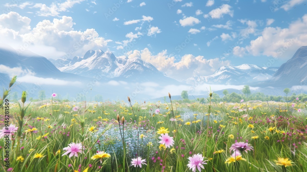 Fototapeta premium Beautiful summer meadow with flowers and mountains in the background.