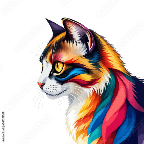 Colorful cat vector artwork on white background.  Cartoon Cat logo design. Cute Cat illustration for cat lover