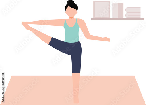 The girl stands on one leg and touches the toe with her hand.