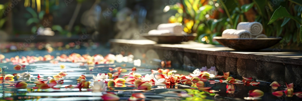 Indulge in ultimate relaxation with this serene spa pool filled with floating petals and fresh towels on the side. A tranquil paradise for your zen moments. Generated AI Indulge in ultimate relaxation with this serene spa pool filled with floating petals and fresh towels on the side. A tranquil paradise for your zen moments. Generated AI