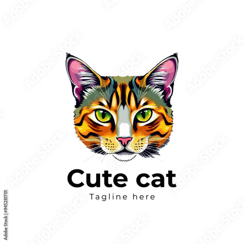 Colorful cat vector artwork on white background.  Cartoon Cat logo design. Cute Cat illustration for cat lover