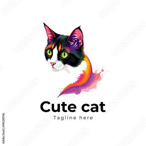 Colorful cat vector artwork on white background.  Cartoon Cat logo design. Cute Cat illustration for cat lover