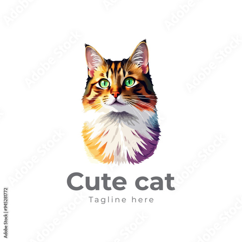 Colorful cat vector artwork on white background.  Cartoon Cat logo design. Cute Cat illustration for cat lover