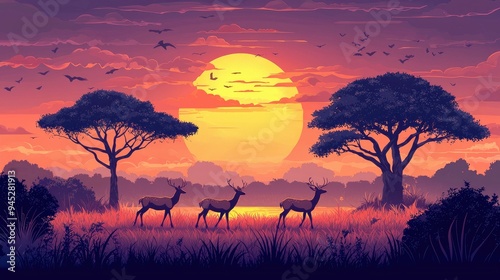 Three Deer Silhouetted Against a Sunset Over Trees and Grass