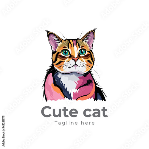 Colorful cat vector artwork on white background.  Cartoon Cat logo design. Cute Cat illustration for cat lover