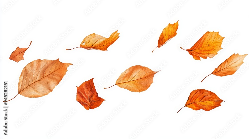 Fototapeta premium A row of autumn leaves are scattered across a white background