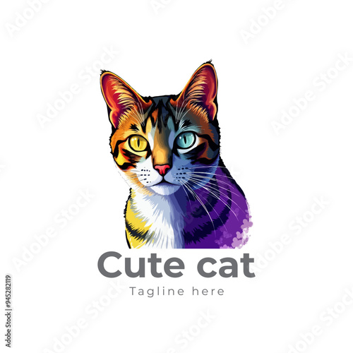 Colorful cat vector artwork on white background.  Cartoon Cat logo design. Cute Cat illustration for cat lover