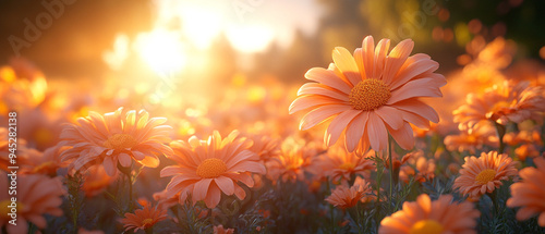 A vibrant field of orange flowers basking in warm sunlight, creating a serene and cheerful atmosphere in nature.