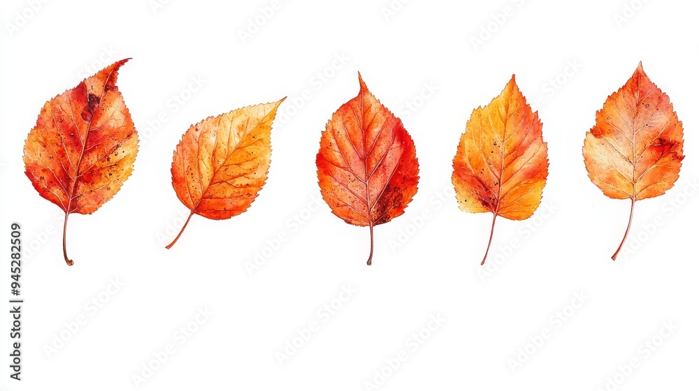 Obraz premium A row of autumn leaves are scattered across a white background