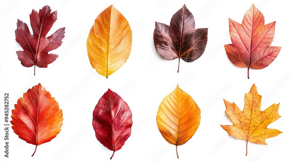 A row of autumn leaves are scattered across a white background A row of autumn leaves are scattered across a white background