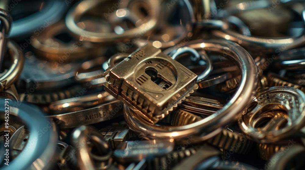 Close-up of Metal Key Rings with Key.