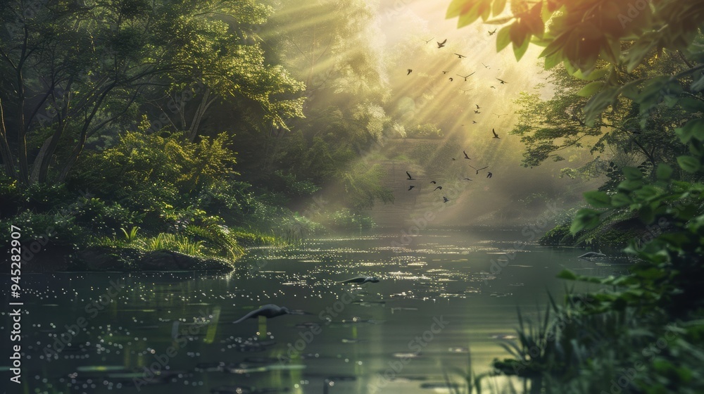Tranquil Beauty. Serene river winding through a dense forest Tranquil Beauty. Serene river winding through a dense forest