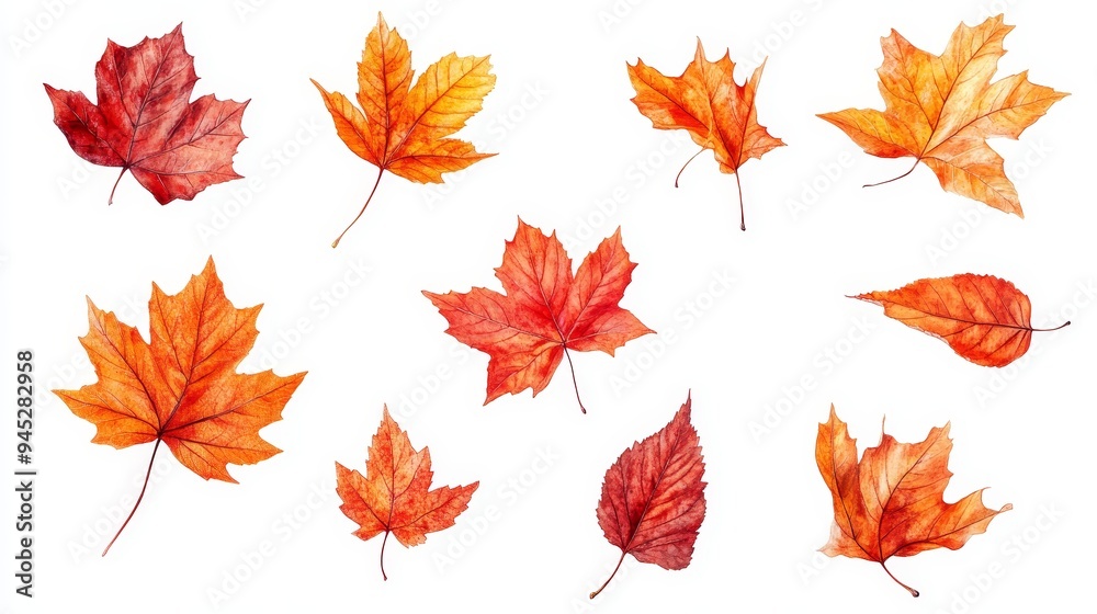 A row of autumn leaves are scattered across a white background A row of autumn leaves are scattered across a white background