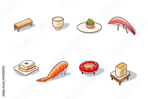 Colorful illustration of various dishes and items, including sushi, shrimp, and traditional Japanese decor. Ideal for culinary art. photo