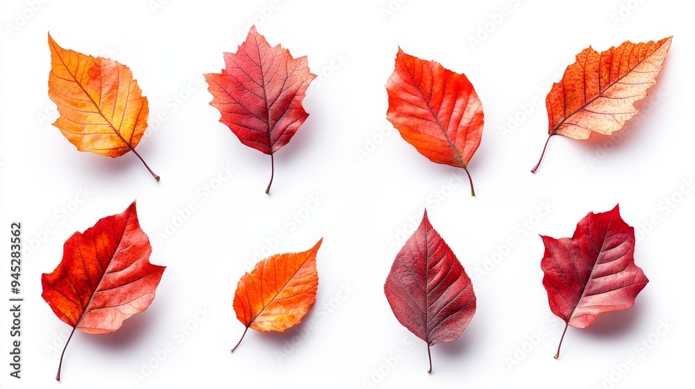 Fototapeta premium A row of autumn leaves are scattered across a white background