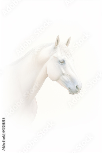 Elegant white horse head against a soft, blurred background, symbolizing purity and grace in nature.