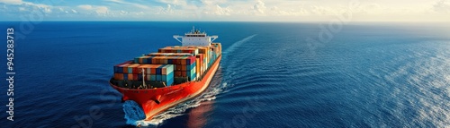 A large cargo ship navigates across calm ocean waters during sunset, showcasing vibrant colors and freight containers. photo