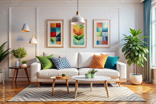 Scandinavian interior design of modern living room, home. Colorful vibrant pillows on white sofa against wall with art poster frame photo