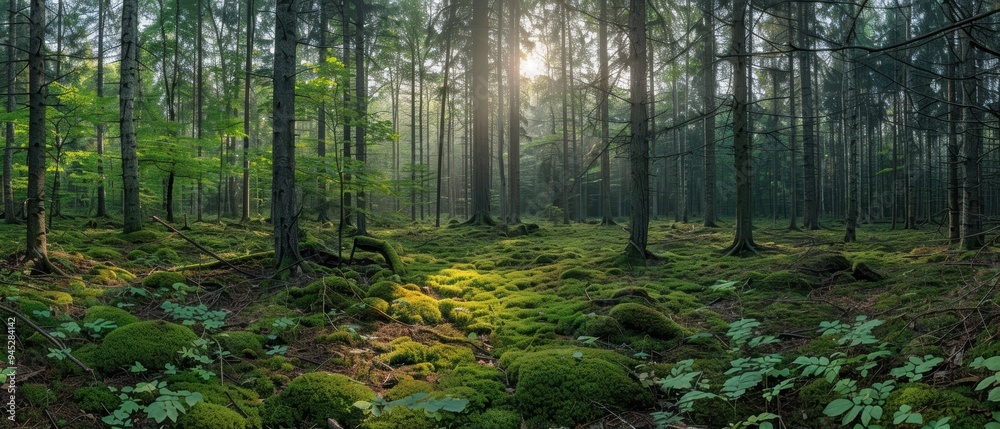Obraz premium Serene Sunlit Clearing in Lush Forest Canopy - Natural Beauty and Tranquility Concept