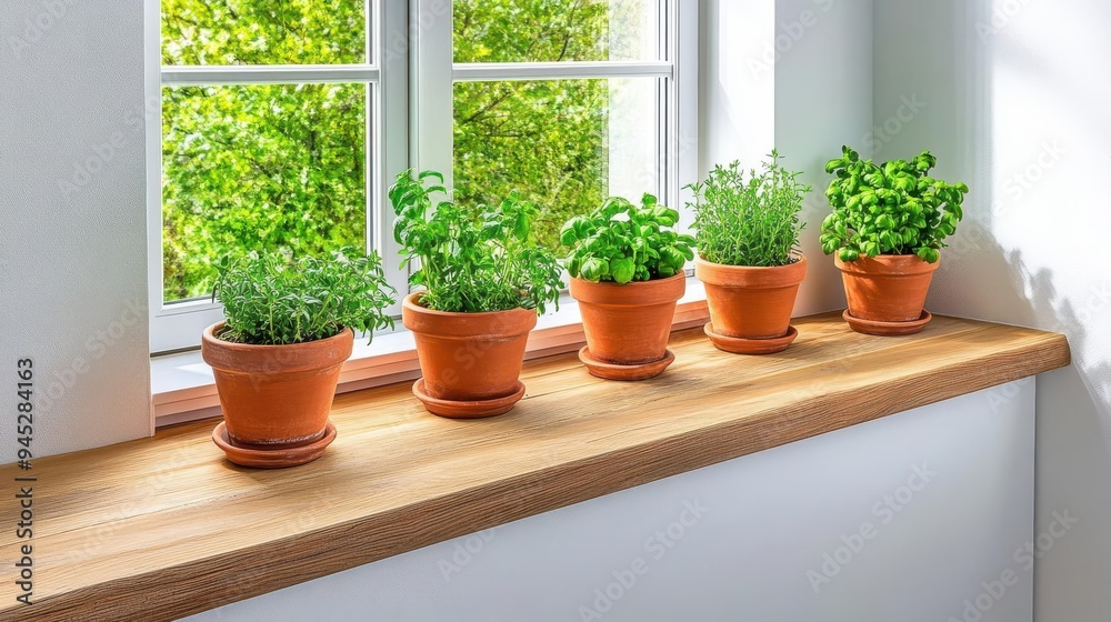 An inviting farmhouse kitchen with aged wooden countertops, fresh herbs in terracotta pots on the windowsill, sunlight casting gentle shadows, natural lighting, watercolor style An inviting farmhouse kitchen with aged wooden countertops, fresh herbs in terracotta pots on the windowsill, sunlight casting gentle shadows, natural lighting, watercolor style