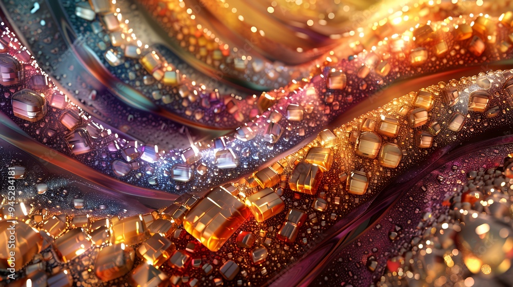 A vibrant, abstract composition with flowing shapes and shimmering droplets. A vibrant, abstract composition with flowing shapes and shimmering droplets.