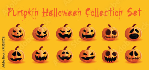 Set of halloween pumpkins, funny faces. Autumn holidays.