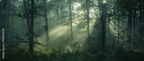 Enchanted Forest: Sunlight Filtered Through Misty Woods