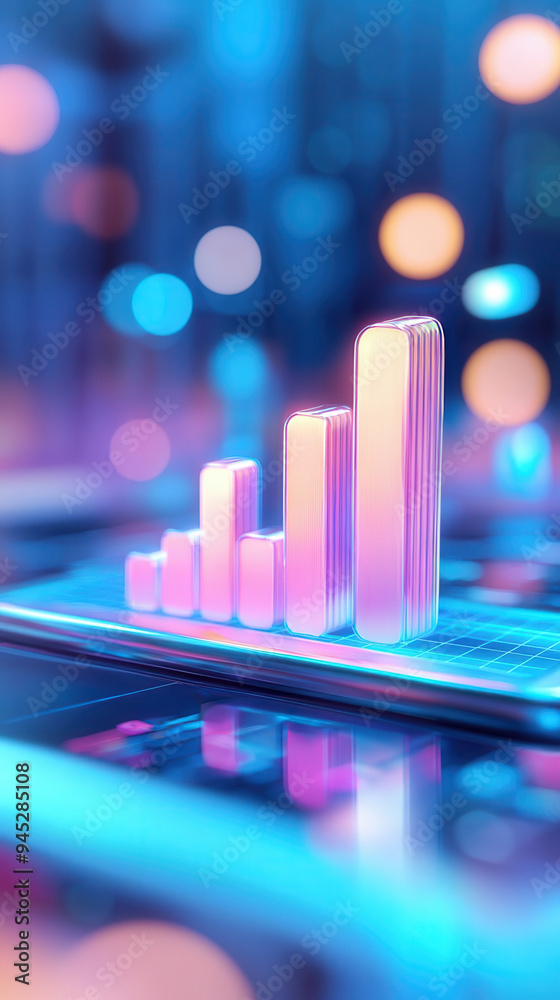 3D bar graph on a smartphone in vibrant colors representing data analysis, digital growth, and modern technology in a futuristic setting. 3D bar graph on a smartphone in vibrant colors representing data analysis, digital growth, and modern technology in a futuristic setting.