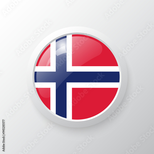 3D Button with Norway flag. as round glossy icon on background isolated. Vector illustration eps 10.	
