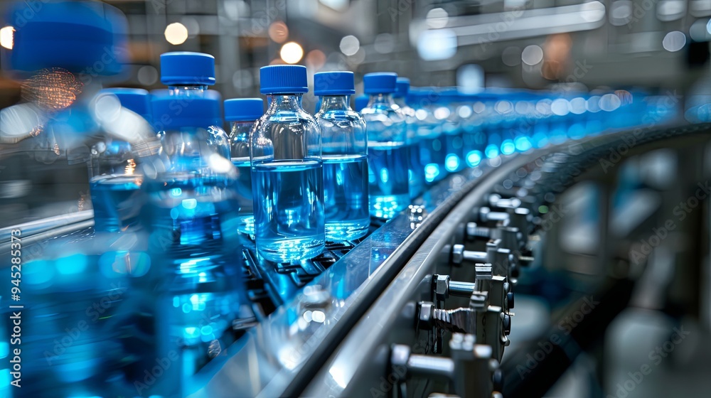 A sterile manufacturing facility, vials filled with a blue liquid move along a shiny conveyor belt, ready for distribution