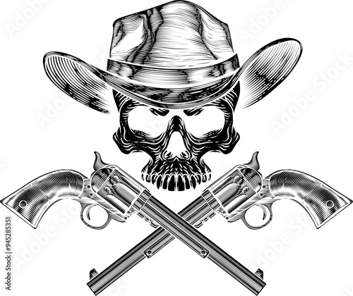 A cowboy grim reaper skull wearing a country or western style hat with pirate cross bones of guns or pistols old vintage revolvers