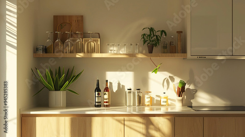 Mini bar in the kitchen interior. Clean kitchen with brown marble