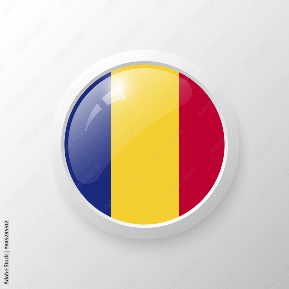 Fototapeta premium 3D Button with Romania flag. as round glossy icon on background isolated. Vector illustration eps 10. 