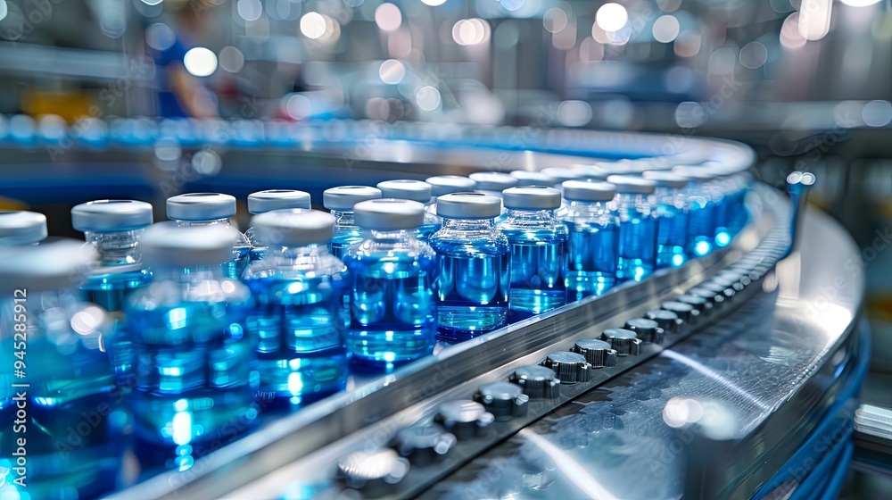 A sterile manufacturing facility, vials filled with a blue liquid move along a shiny conveyor belt, ready for distribution