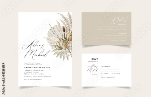 Bohemian Wedding Invitation with Dried Palm leaves, Pampas Grass and Banksia