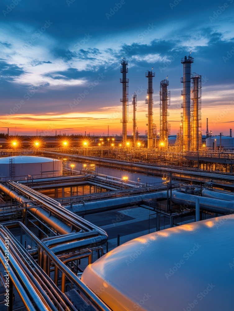 Biogas facility at sunset with methane gas sensors glowing, highlighting a potential leak in the twilight ambiance. Biogas facility at sunset with methane gas sensors glowing, highlighting a potential leak in the twilight ambiance.