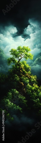 A solitary tree stands resilient against dark, stormy clouds, embodying nature's strength and beauty amidst turbulent skies.