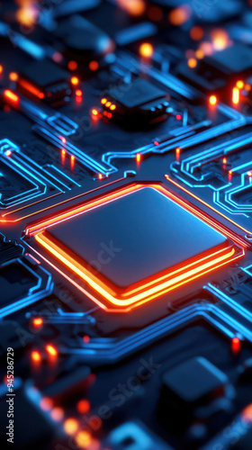 Close-up of a glowing microchip on a futuristic circuit board with vibrant colors, representing technology and innovation.