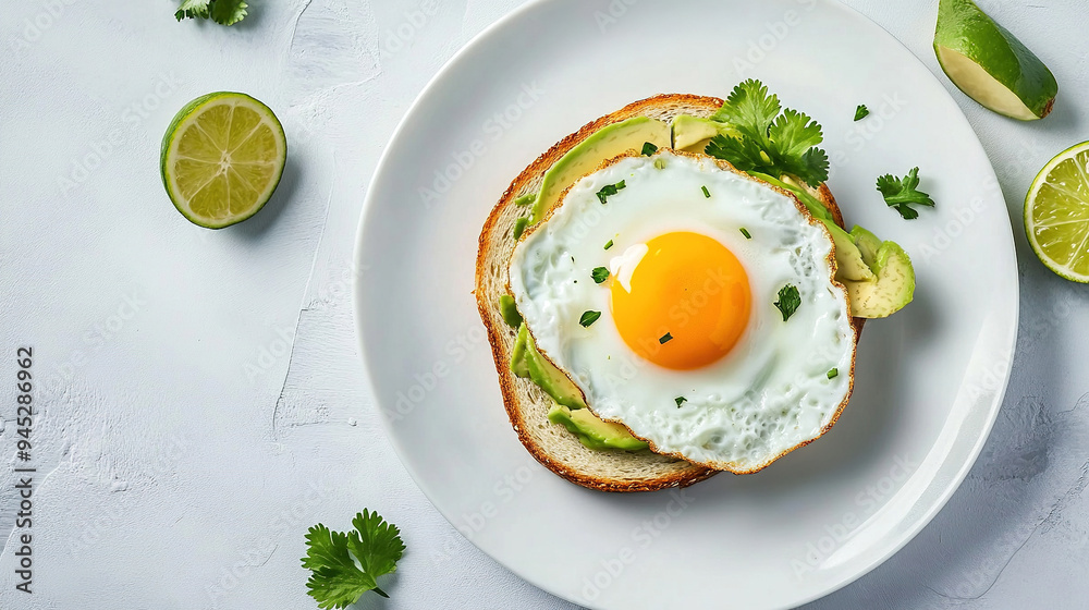 Fried egg and avocado toast on a white plate in food photography concept. Breakfast meal idea, healthy food. Fried egg and avocado toast on a white plate in food photography concept. Breakfast meal idea, healthy food.