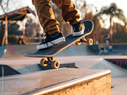 Skateboarder performing tricks with style in skatepark, captured in action at a unique angle. photo