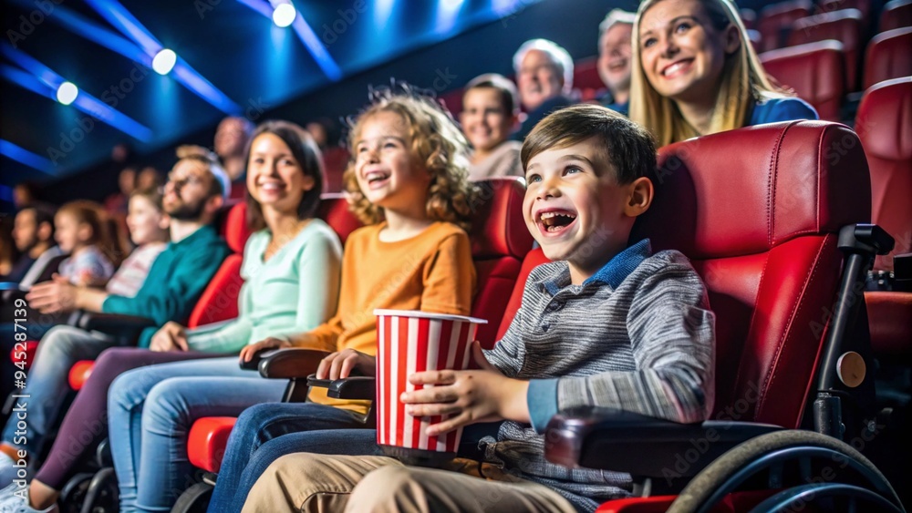 A group of children, including a boy in a wheelchair, enjoy a movie at a cinema. They laugh and hold popcorn, highlighting fun, inclusivity, and shared experiences in an accessible entertainment envir A group of children, including a boy in a wheelchair, enjoy a movie at a cinema. They laugh and hold popcorn, highlighting fun, inclusivity, and shared experiences in an accessible entertainment envir