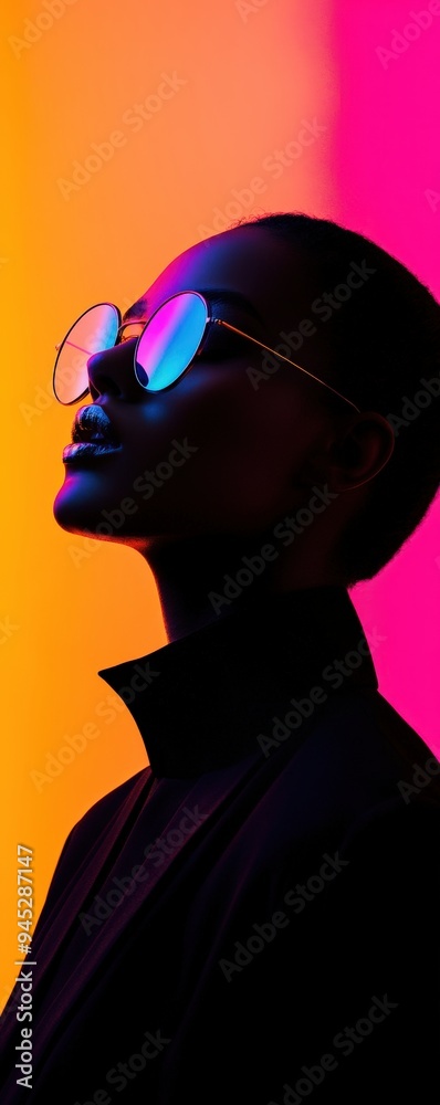 A striking profile of a person wearing stylish glasses against a vibrant backdrop of pink and orange hues, exuding confidence. A striking profile of a person wearing stylish glasses against a vibrant backdrop of pink and orange hues, exuding confidence.