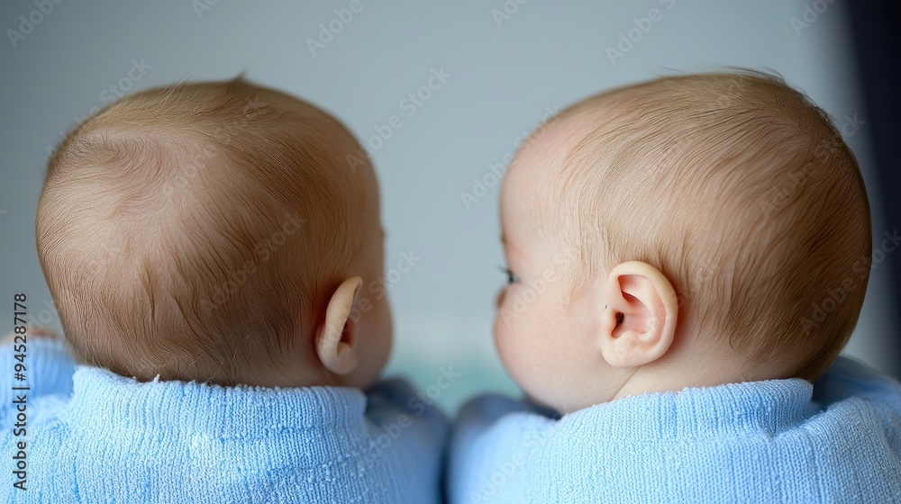 Newborn twins from behind in blue outfits, matching tenderness. Newborn twins from behind in blue outfits, matching tenderness.
