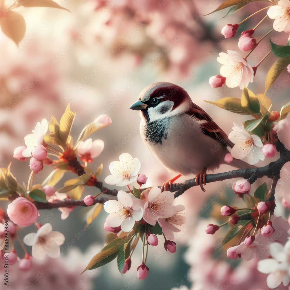 Floral background with little sparrow bird perching on branch of blossom cherry tree with flowers in spring garden. Floral background with little sparrow bird perching on branch of blossom cherry tree with flowers in spring garden.