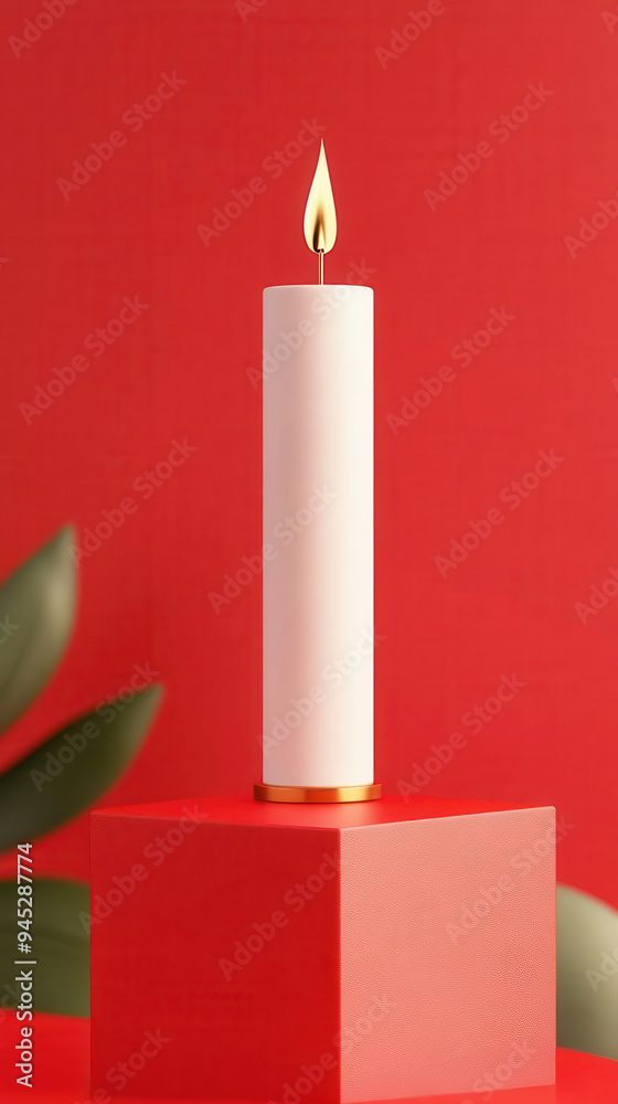 Elegant white candle burning on a red pedestal against a vibrant red background with green leaves in the foreground, creating a festive atmosphere. Elegant white candle burning on a red pedestal against a vibrant red background with green leaves in the foreground, creating a festive atmosphere.